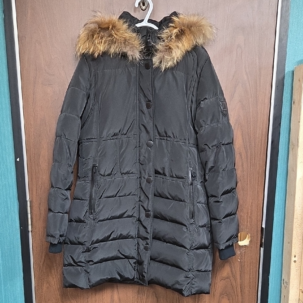 Atelier Noir Size XL Black Midi Length Down and Fur Winter Jacket